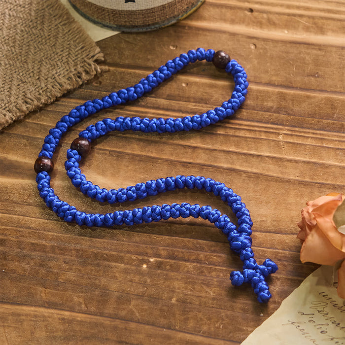 Blue & Black Cross 100 Blessing Knots String Necklace: Cherished Symbol of Holy Blessing