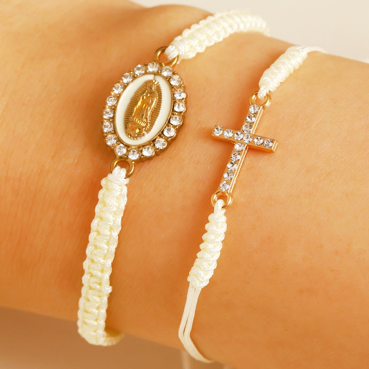 Dual Braided Cord Bracelet Set with Zircon-Encrusted Cross & Rhinestone Halo Our Lady Medal