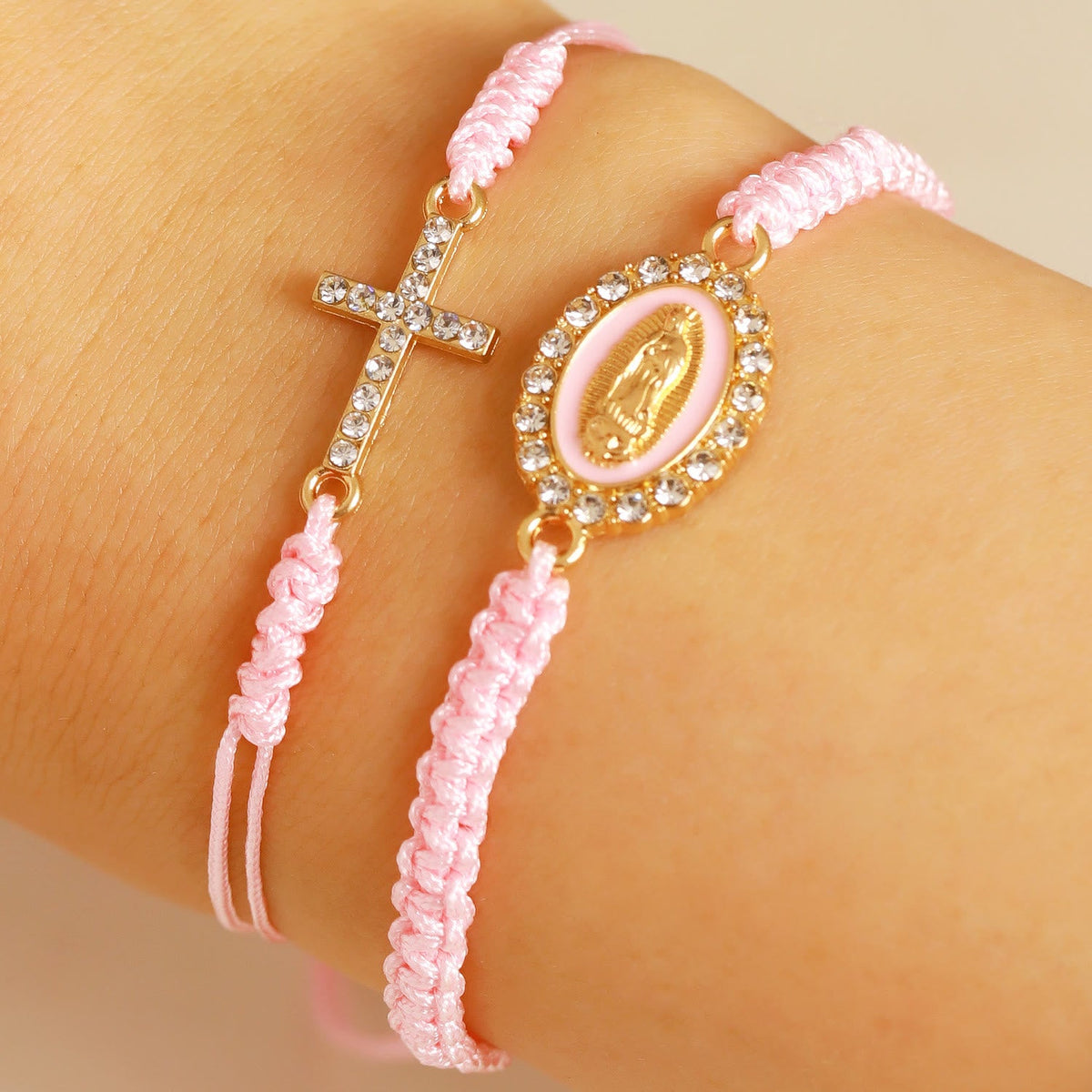 Dual Braided Cord Bracelet Set with Zircon-Encrusted Cross & Rhinestone Halo Our Lady Medal