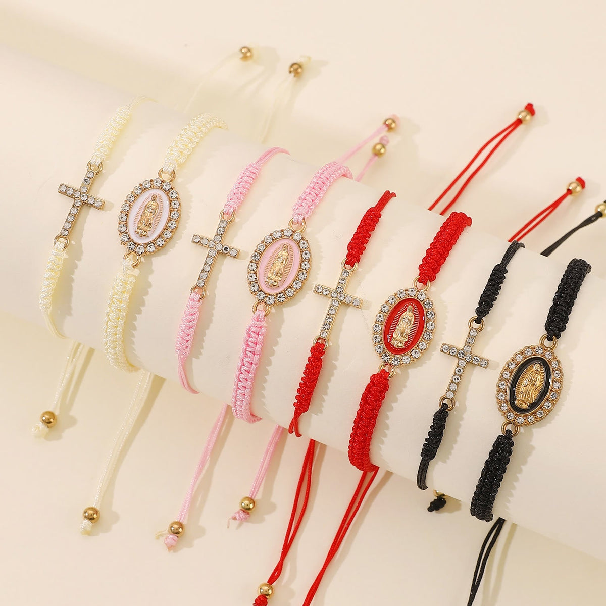 Dual Braided Cord Bracelet Set with Zircon-Encrusted Cross & Rhinestone Halo Our Lady Medal