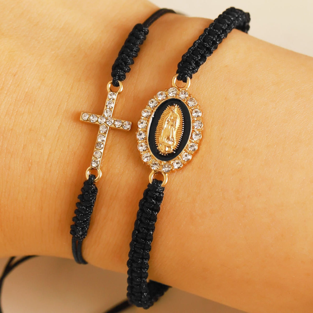 Dual Braided Cord Bracelet Set with Zircon-Encrusted Cross & Rhinestone Halo Our Lady Medal