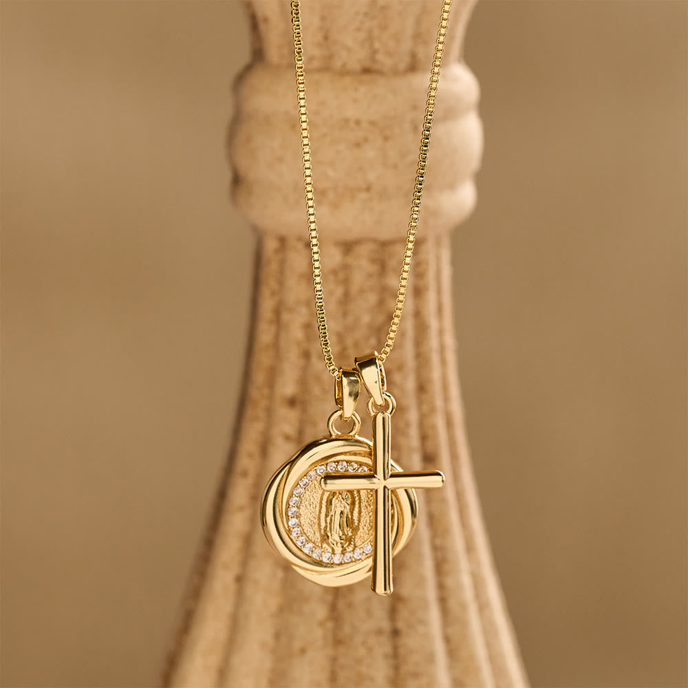 Double Pendant Necklace with Zircon-Encircled Our Lady Medallion & Polished Cross Charm