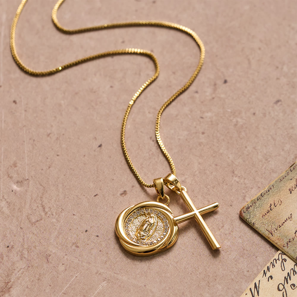 Double Pendant Necklace with Zircon-Encircled Our Lady Medallion & Polished Cross Charm