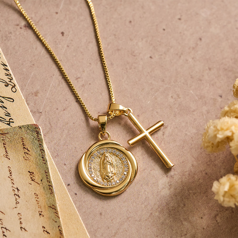 Double Pendant Necklace with Zircon-Encircled Our Lady Medallion & Polished Cross Charm