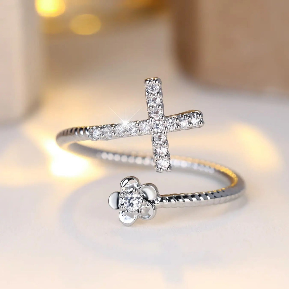 Open Cuff Ring with Pave Zircon Cross and Flower Zircon Accent: A Symbol of Tender Grace & Steadfast Sacred Faith