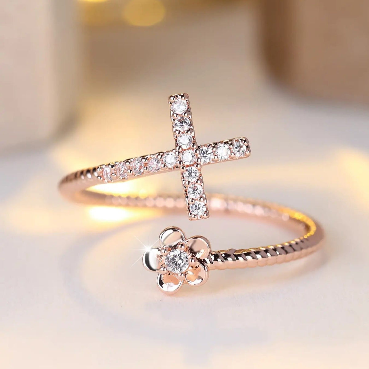 Open Cuff Ring with Pave Zircon Cross and Flower Zircon Accent: A Symbol of Tender Grace & Steadfast Sacred Faith