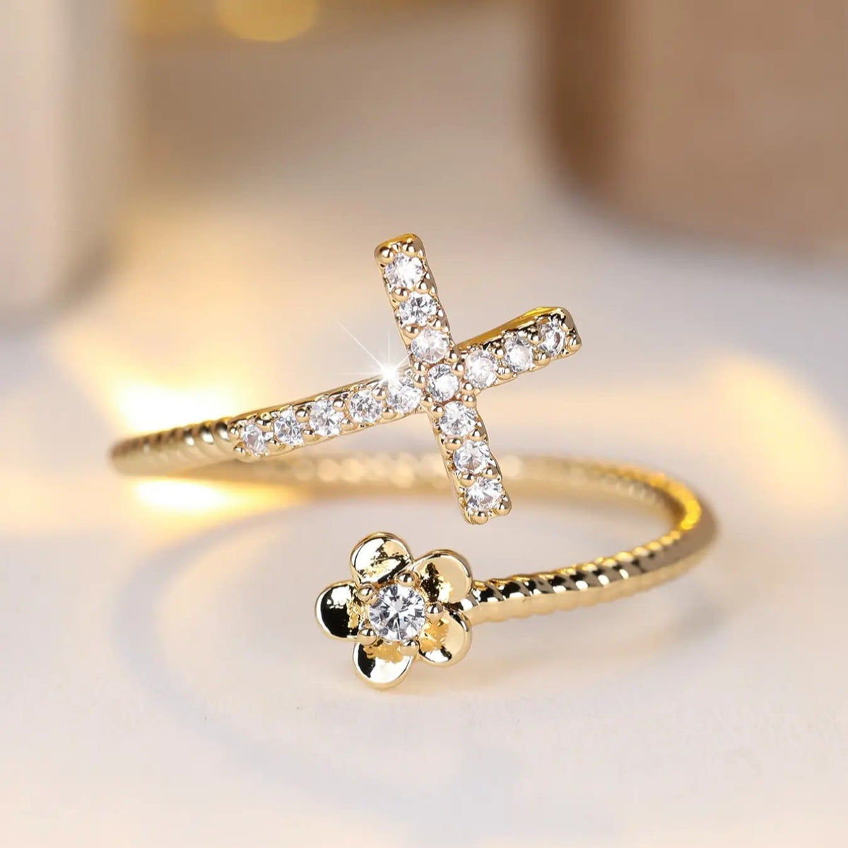 Open Cuff Ring with Pave Zircon Cross and Flower Zircon Accent: A Symbol of Tender Grace & Steadfast Sacred Faith