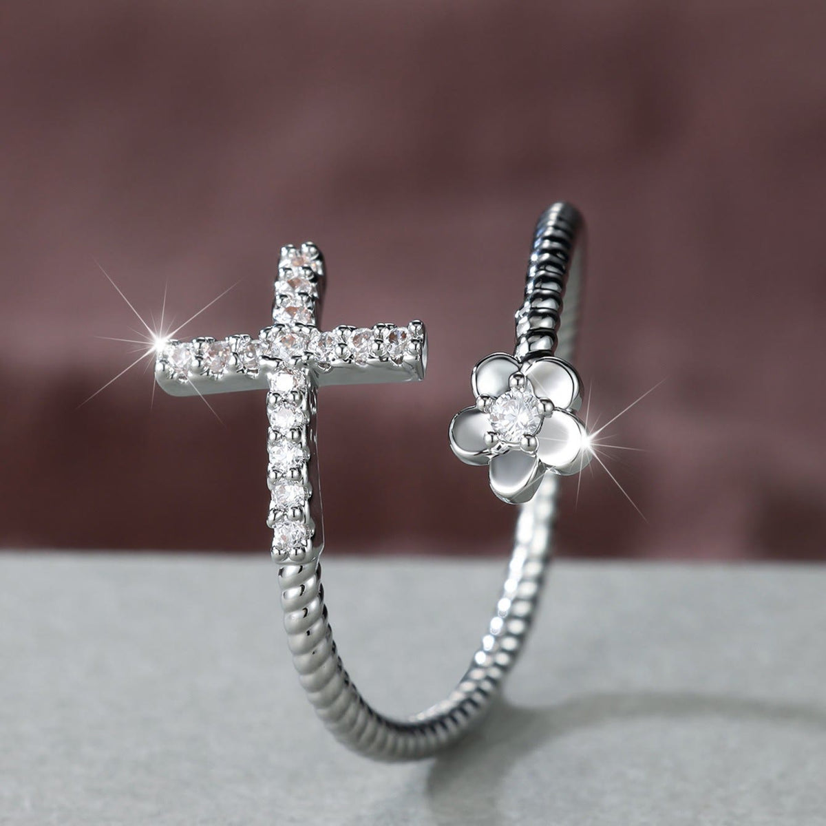 Open Cuff Ring with Pave Zircon Cross and Flower Zircon Accent: A Symbol of Tender Grace & Steadfast Sacred Faith