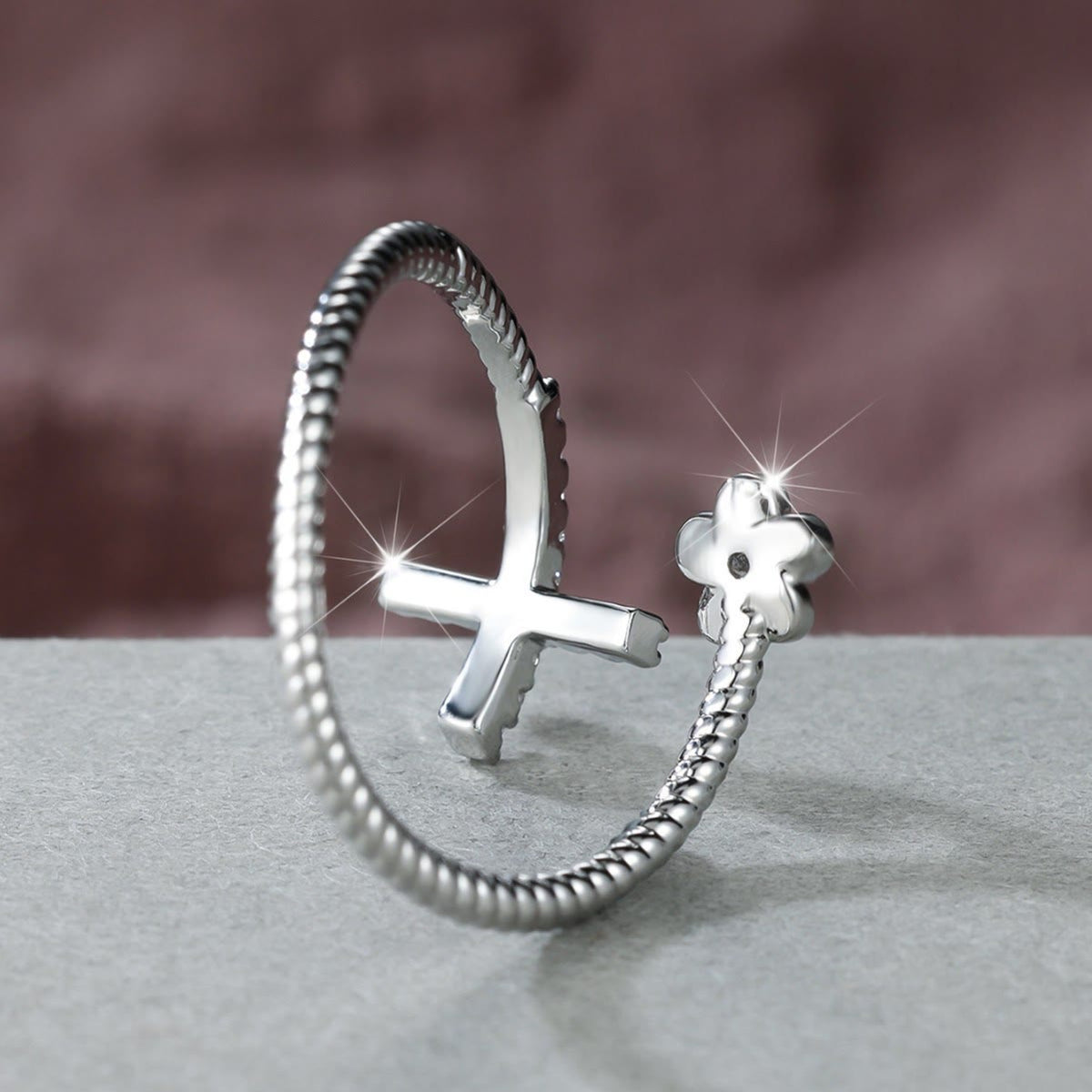 Open Cuff Ring with Pave Zircon Cross and Flower Zircon Accent: A Symbol of Tender Grace & Steadfast Sacred Faith