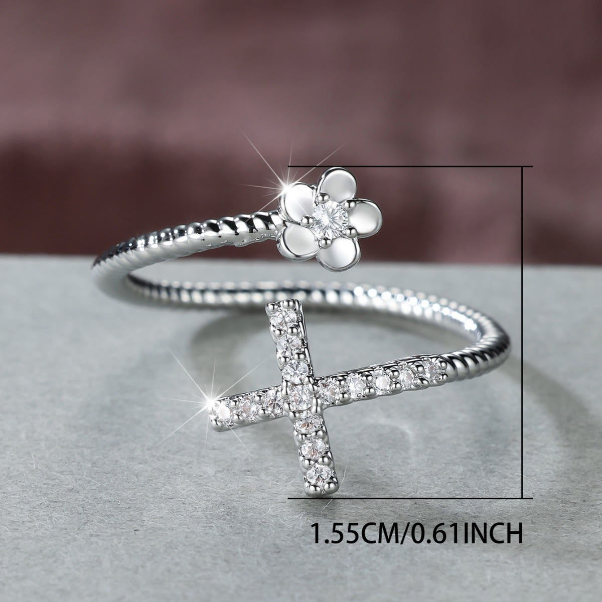 Open Cuff Ring with Pave Zircon Cross and Flower Zircon Accent: A Symbol of Tender Grace & Steadfast Sacred Faith