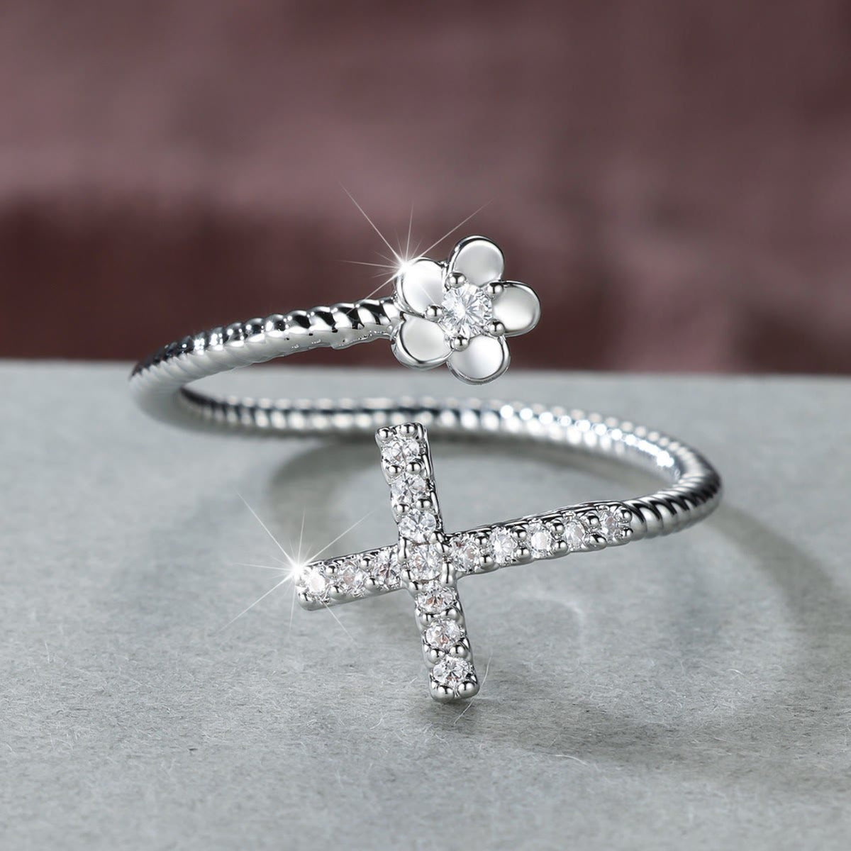 Open Cuff Ring with Pave Zircon Cross and Flower Zircon Accent: A Symbol of Tender Grace & Steadfast Sacred Faith