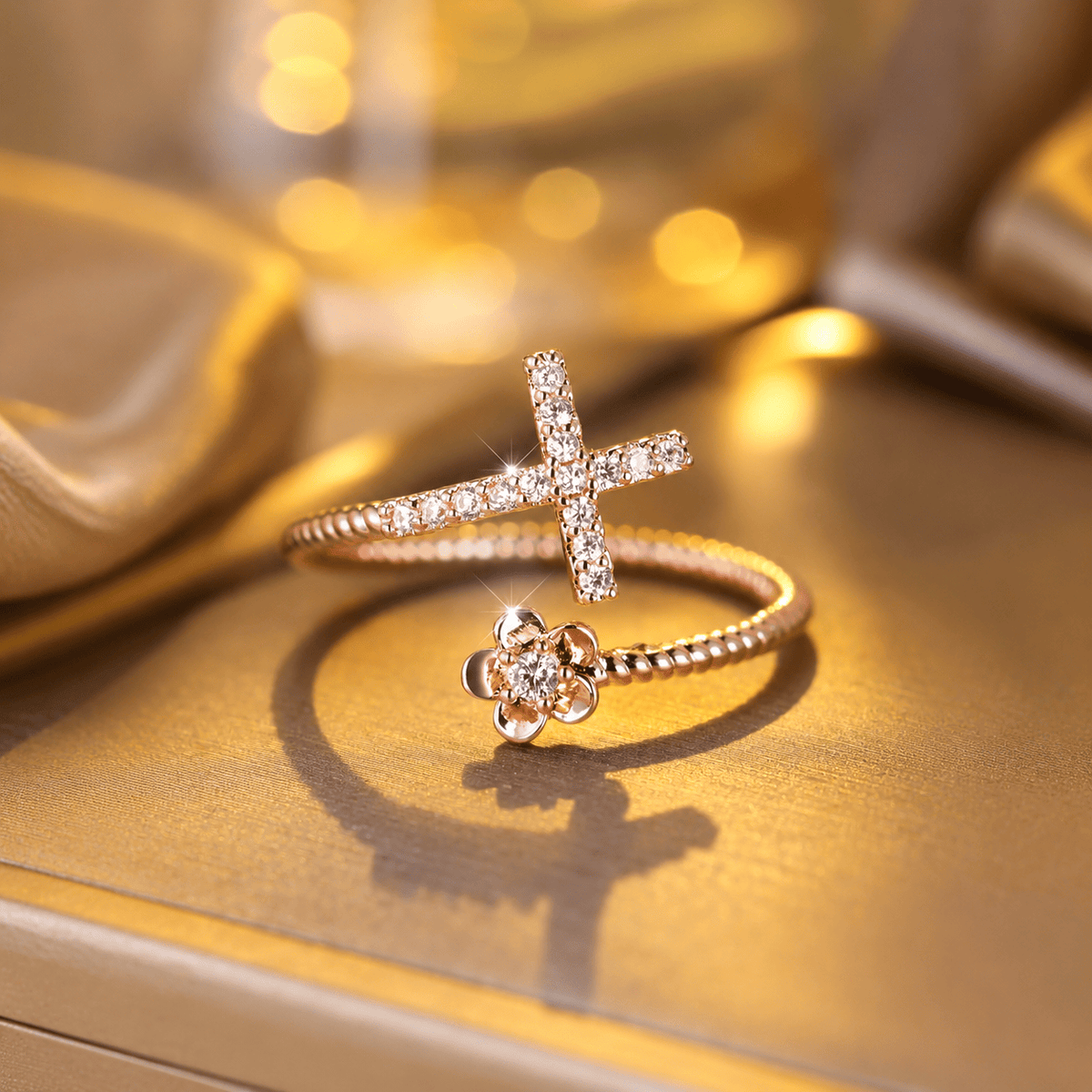 Open Cuff Ring with Pave Zircon Cross and Flower Zircon Accent: A Symbol of Tender Grace & Steadfast Sacred Faith