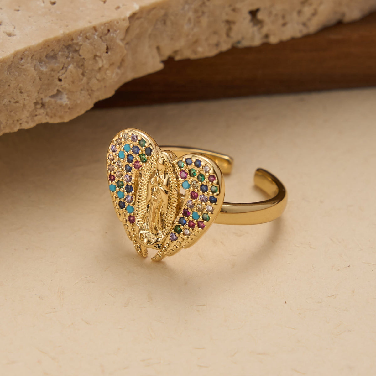 Adjustable Open Ring with Colorful Zircon Halo Our Lady of Guadalupe Charm: A Symbol of Tender Maternal Grace