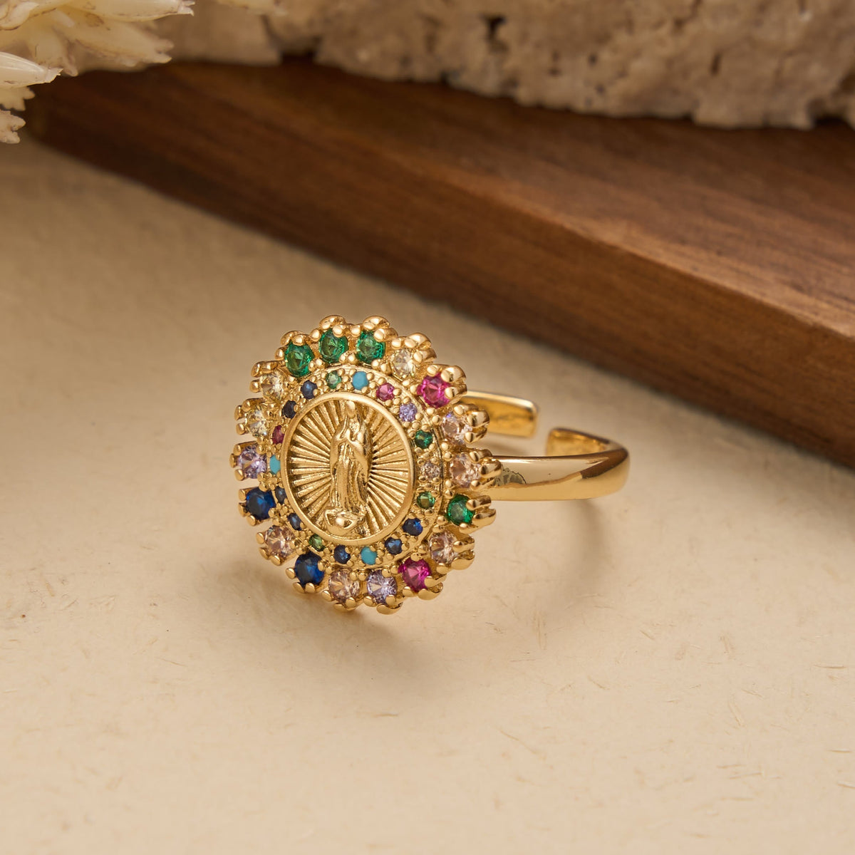 Adjustable Open Ring with Colorful Zircon Halo Our Lady of Guadalupe Charm: A Symbol of Tender Maternal Grace