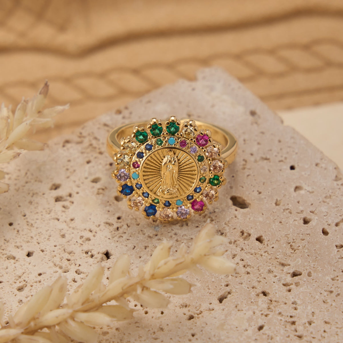 Adjustable Open Ring with Colorful Zircon Halo Our Lady of Guadalupe Charm: A Symbol of Tender Maternal Grace