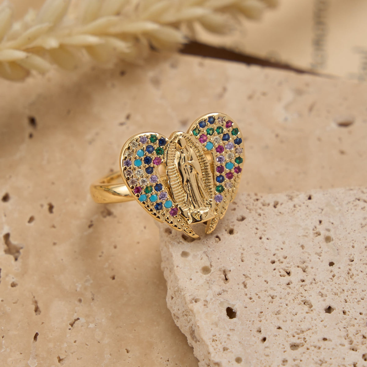 Adjustable Open Ring with Colorful Zircon Halo Our Lady of Guadalupe Charm: A Symbol of Tender Maternal Grace