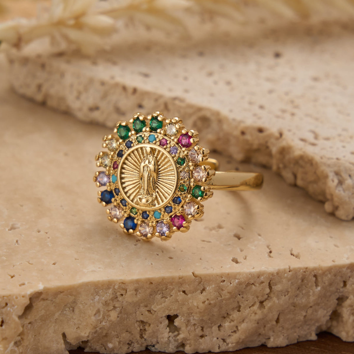 Adjustable Open Ring with Colorful Zircon Halo Our Lady of Guadalupe Charm: A Symbol of Tender Maternal Grace