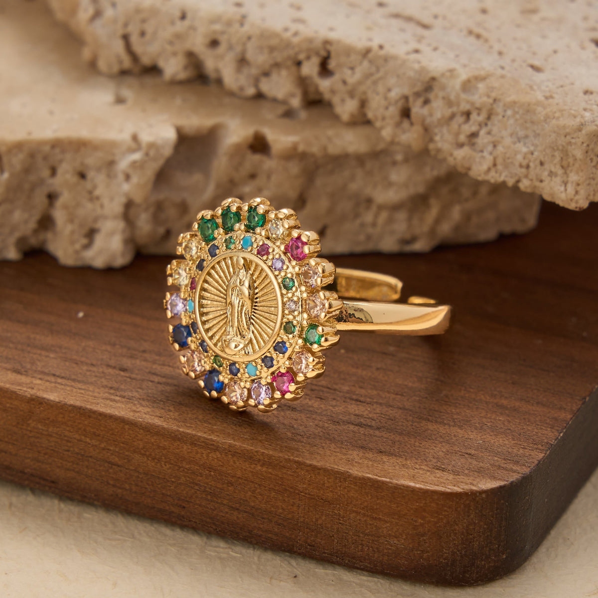 Adjustable Open Ring with Colorful Zircon Halo Our Lady of Guadalupe Charm: A Symbol of Tender Maternal Grace