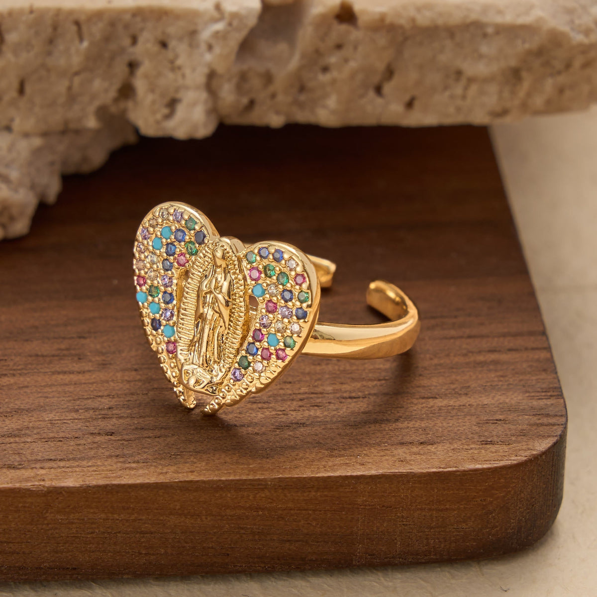 Adjustable Open Ring with Colorful Zircon Halo Our Lady of Guadalupe Charm: A Symbol of Tender Maternal Grace