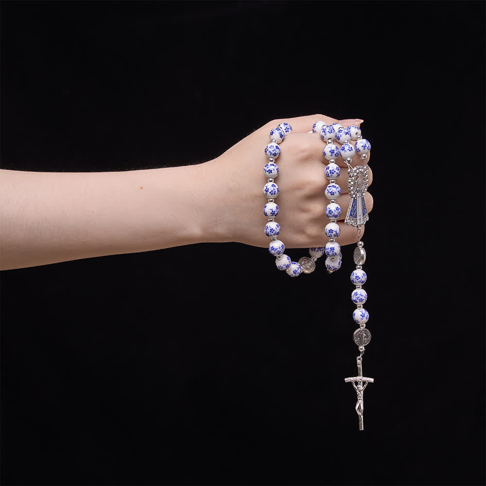 Blue & White Floral Ceramic Rosary with St. Benedict Medals & Our Lady
