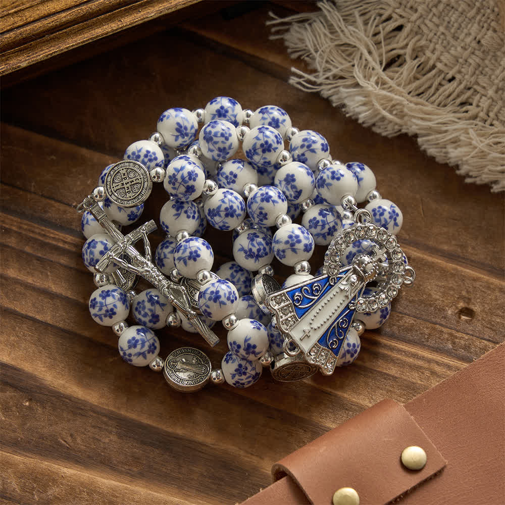 Blue & White Floral Ceramic Rosary with St. Benedict Medals & Our Lady