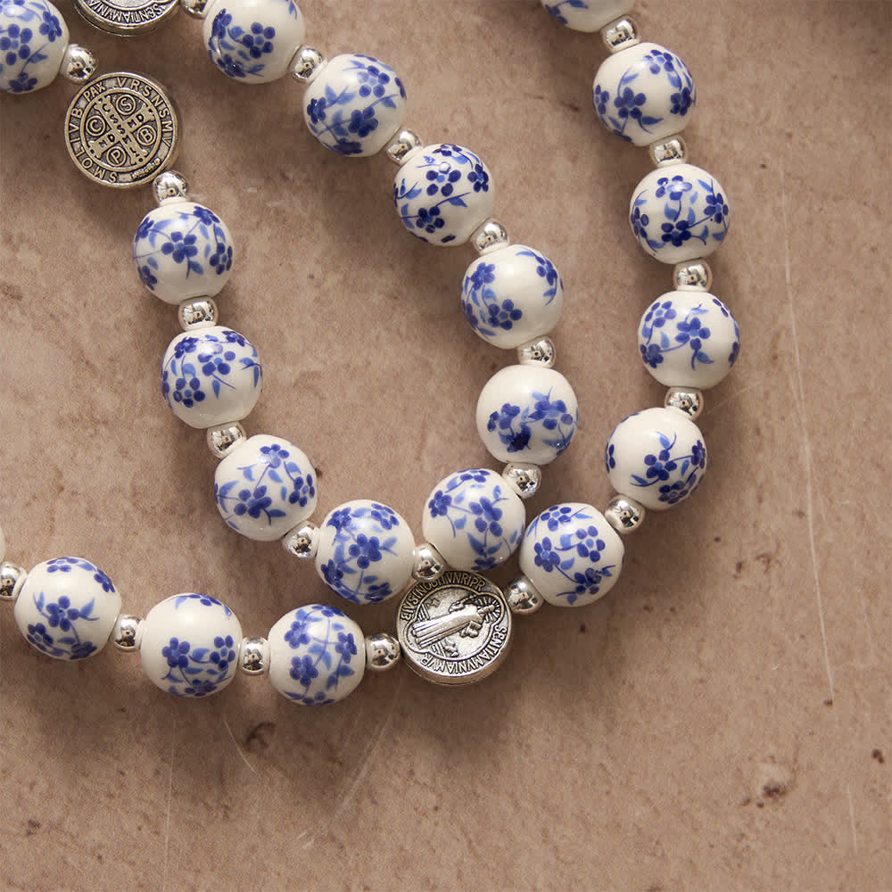 Blue & White Floral Ceramic Rosary with St. Benedict Medals & Our Lady