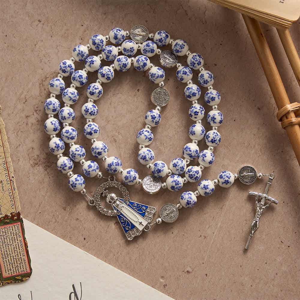 Blue & White Floral Ceramic Rosary with St. Benedict Medals & Our Lady