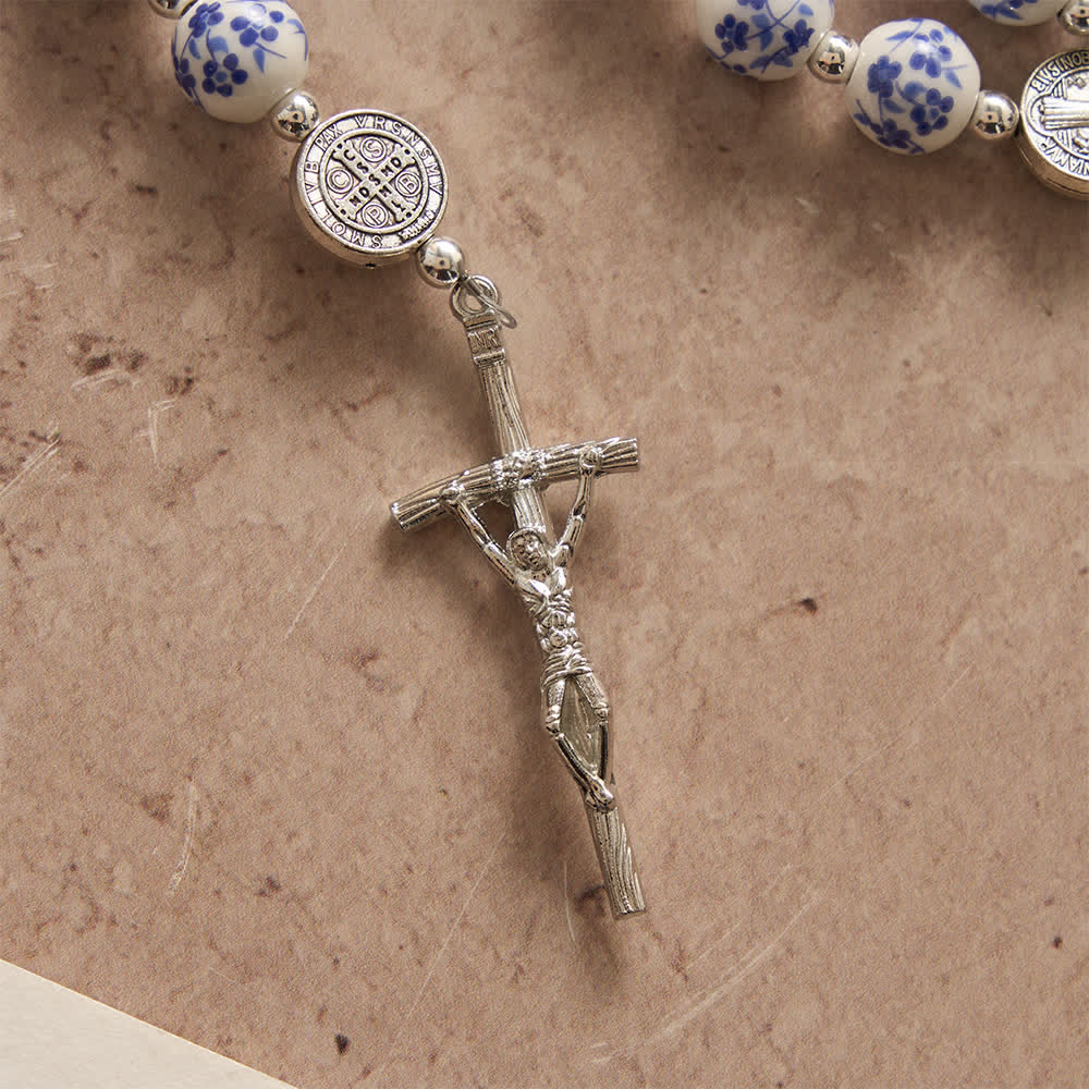 Blue & White Floral Ceramic Rosary with St. Benedict Medals & Our Lady