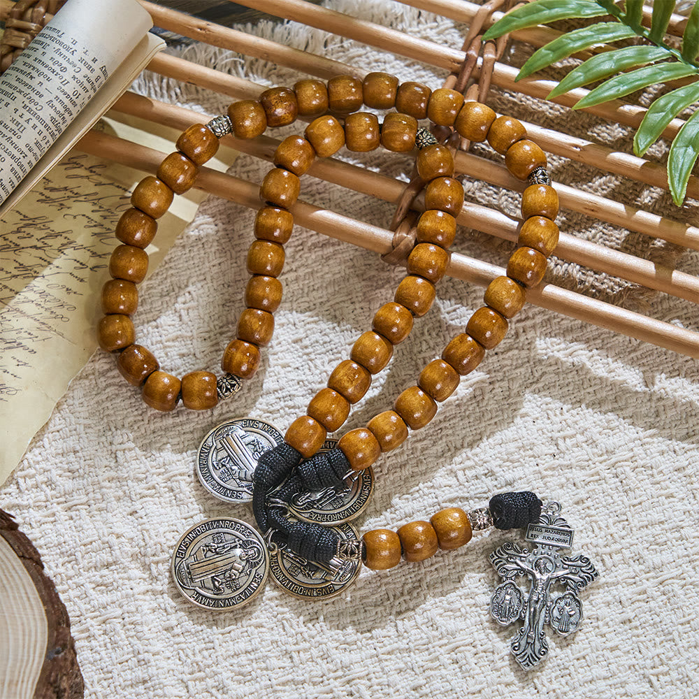 Traditional Rustic Wood 5/15/20 Decade Prayer Rosary with St. Benedict Medal & Crucifix