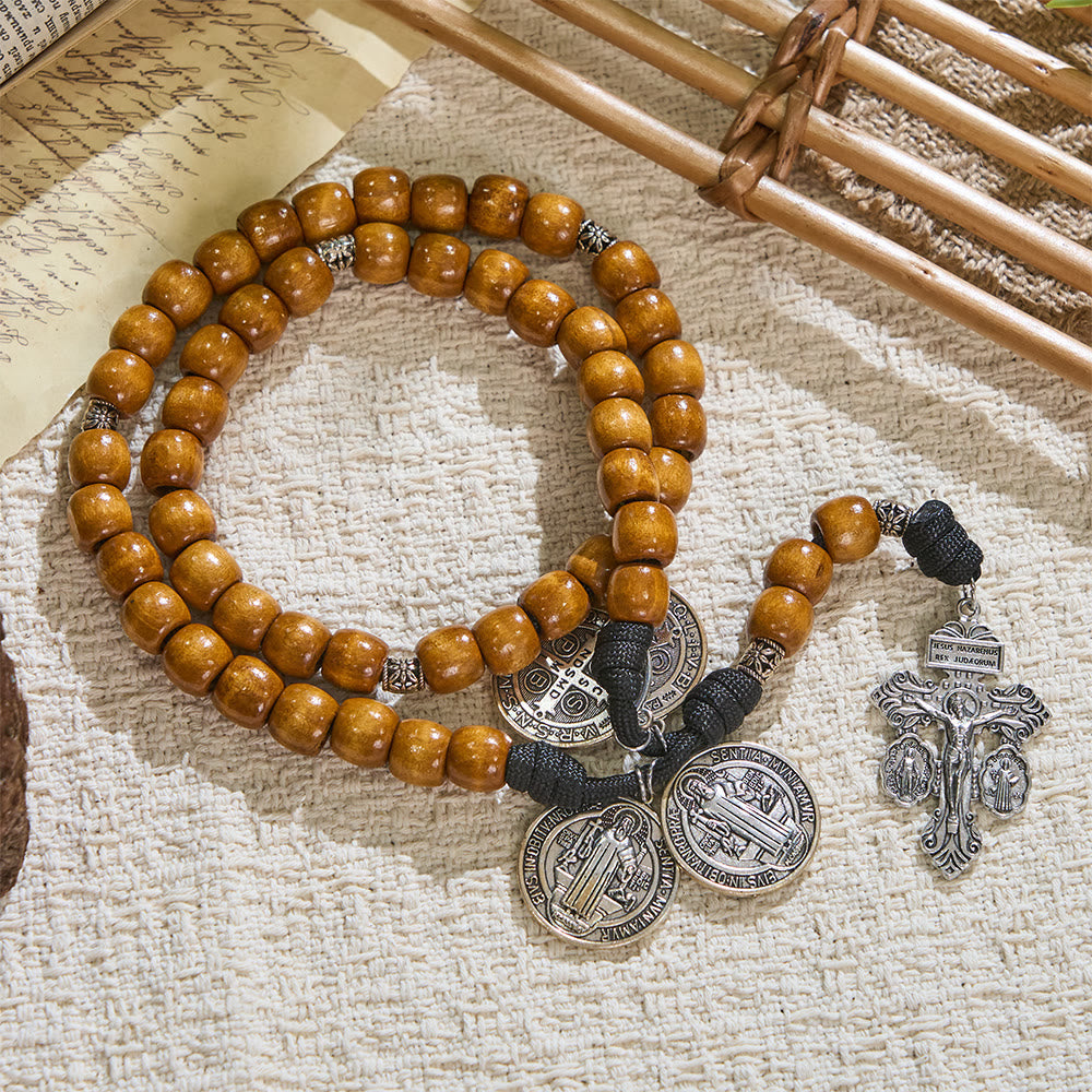 Traditional Rustic Wood 5/15/20 Decade Prayer Rosary with St. Benedict Medal & Crucifix