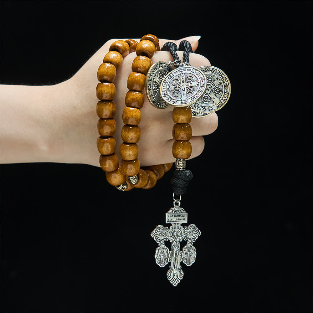 Traditional Rustic Wood 5/15/20 Decade Prayer Rosary with St. Benedict Medal & Crucifix
