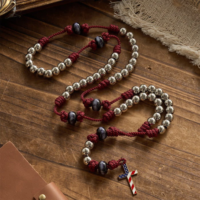 Rustic Patriotic Paracord Rosary with US Flag Cross, God & Country Always