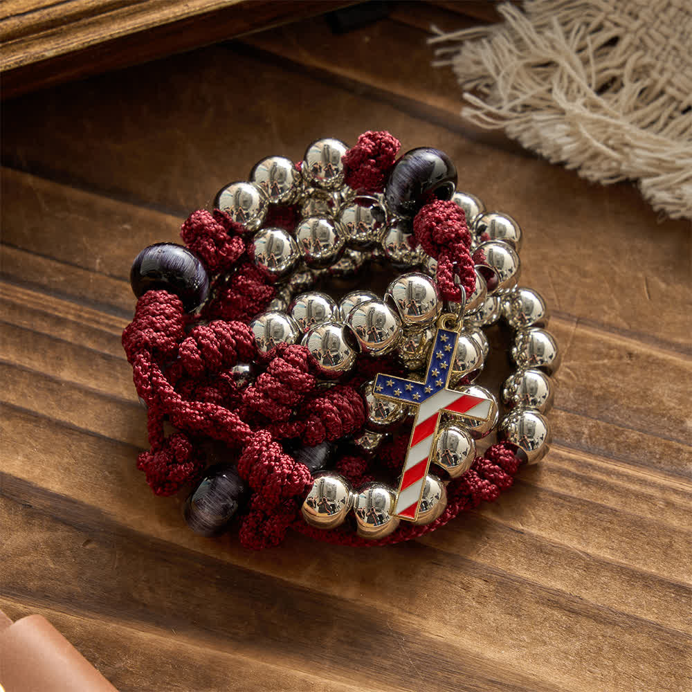 Rustic Patriotic Paracord Rosary with US Flag Cross, God & Country Always