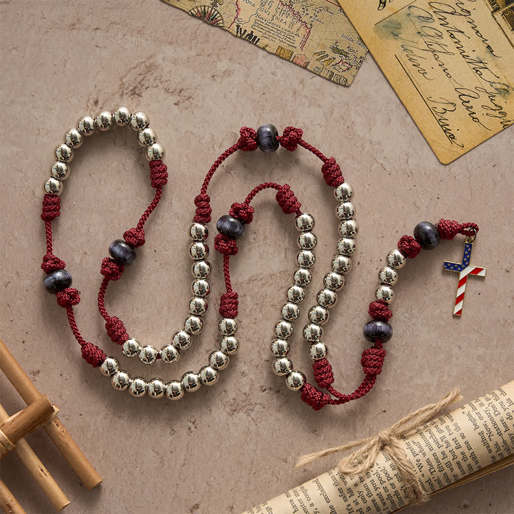 Rustic Patriotic Paracord Rosary with US Flag Cross, God & Country Always