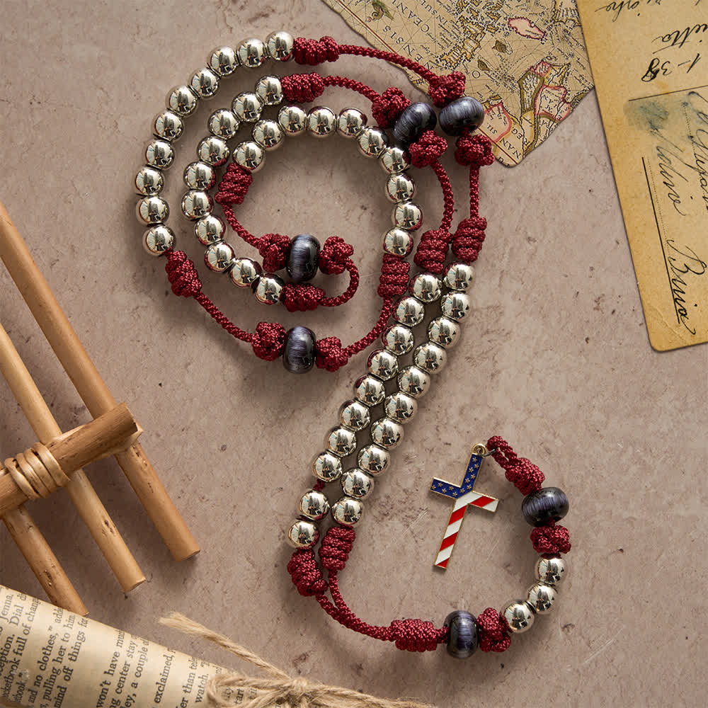 Rustic Patriotic Paracord Rosary with US Flag Cross, God & Country Always