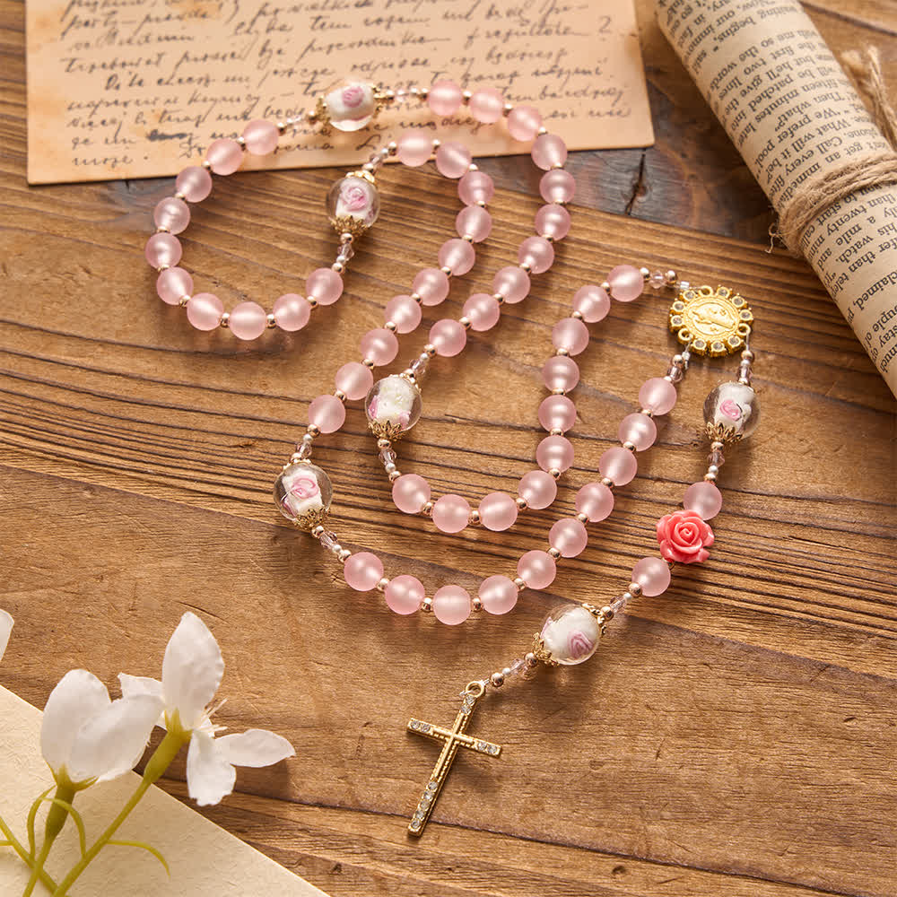 Soft Matte Pink Rosary with Delicate Rose Glass & St. Benedict Devotion