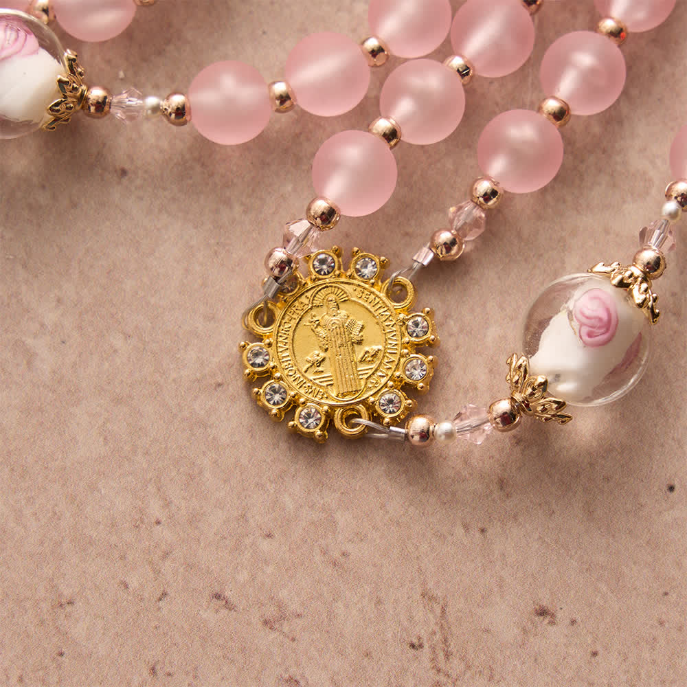 Soft Matte Pink Rosary with Delicate Rose Glass & St. Benedict Devotion