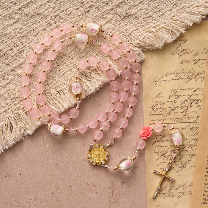 Soft Matte Pink Rosary with Delicate Rose Glass & St. Benedict Devotion