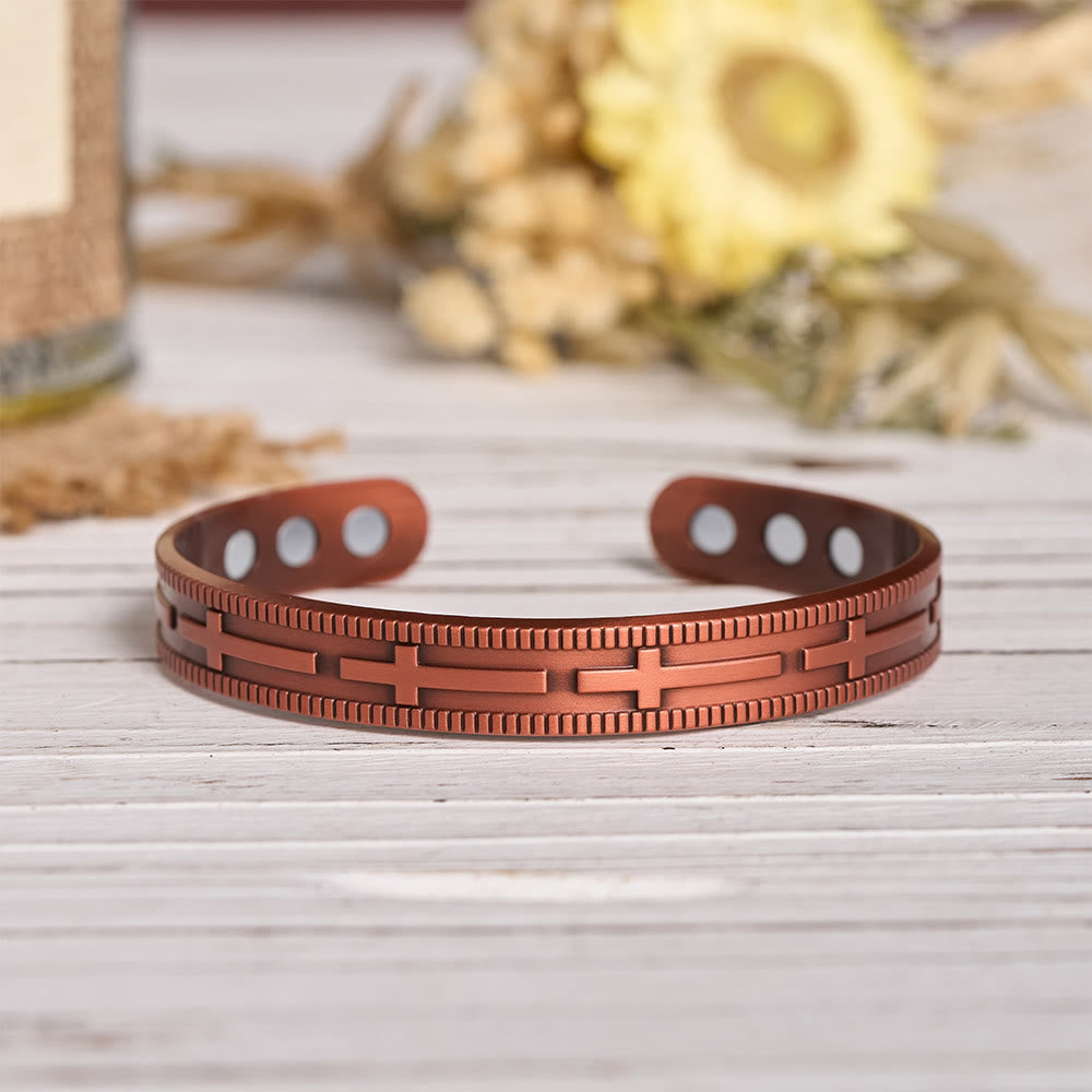 Adjustable Open Cuff Copper Bracelet with Embossed Full-Row Cross Motif & Inner Magnets