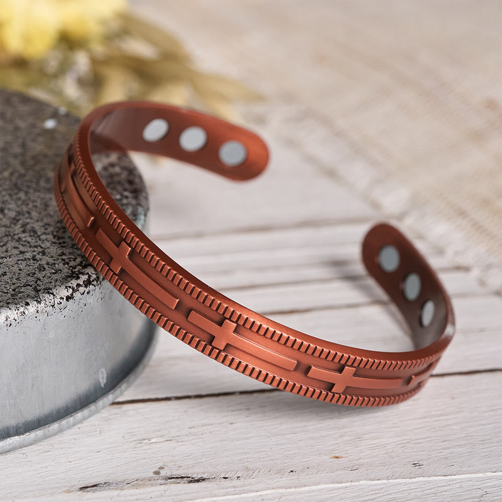 Adjustable Open Cuff Copper Bracelet with Embossed Full-Row Cross Motif & Inner Magnets