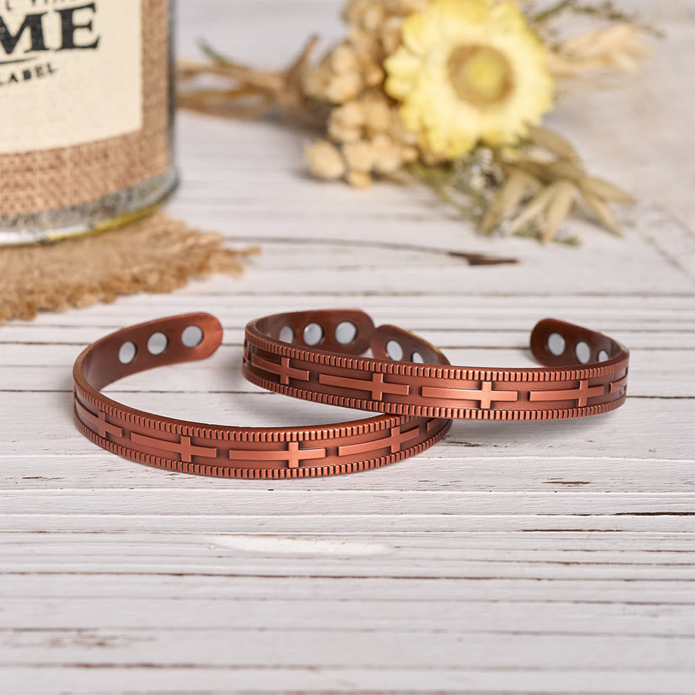 Adjustable Open Cuff Copper Bracelet with Embossed Full-Row Cross Motif & Inner Magnets