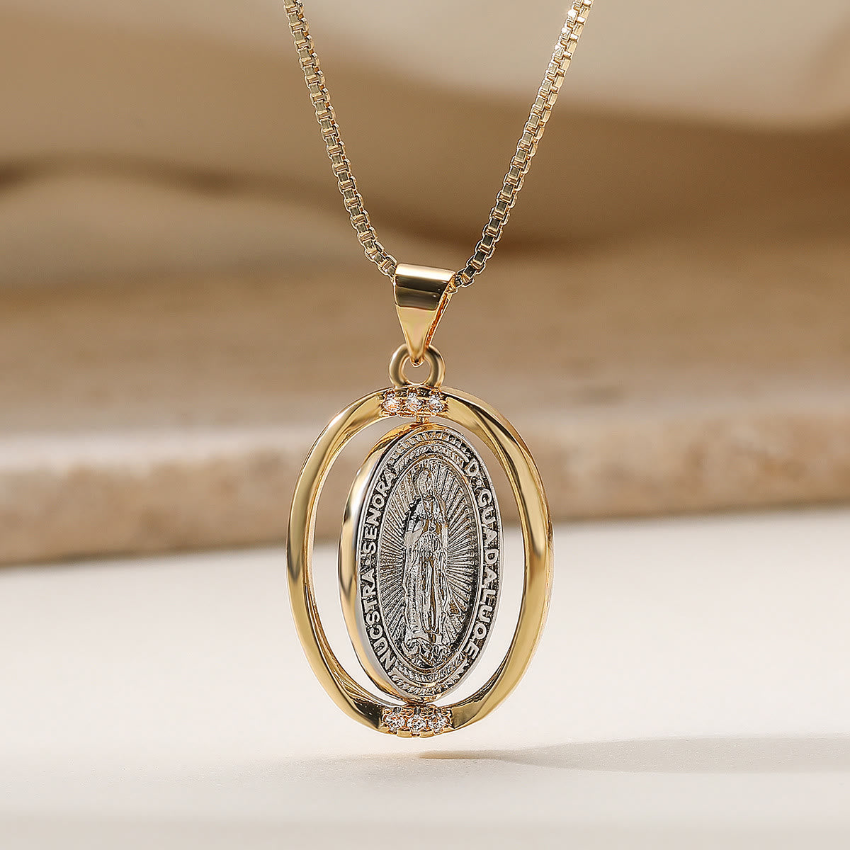 Reversible Spinning Oval Pendant Necklace with Our Lady of Guadalupe & Sacred Heart Designs