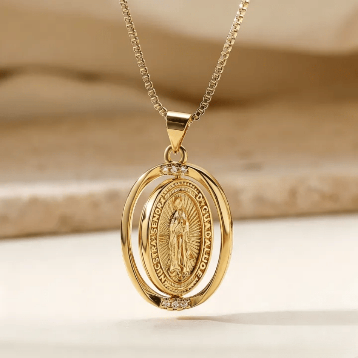 Reversible Spinning Oval Pendant Necklace with Our Lady of Guadalupe & Sacred Heart Designs