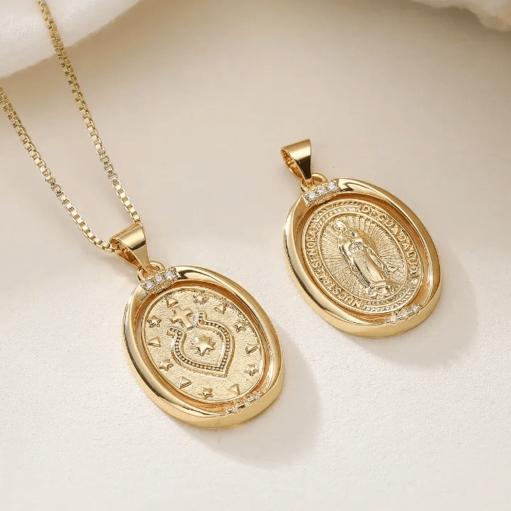 Reversible Spinning Oval Pendant Necklace with Our Lady of Guadalupe & Sacred Heart Designs