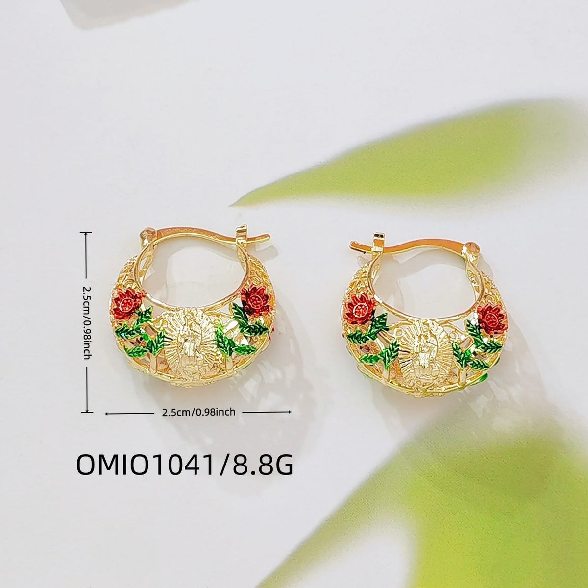 Delicate Filigree Hoop Earrings with Our Lady of Guadalupe & Enameled Rose Motifs: A Reminder of Divine Mercy