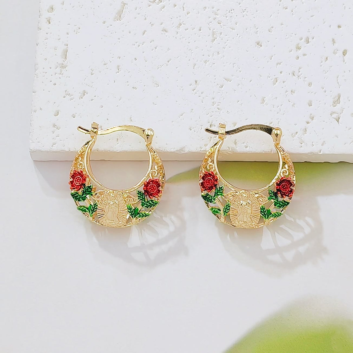 Delicate Filigree Hoop Earrings with Our Lady of Guadalupe & Enameled Rose Motifs: A Reminder of Divine Mercy