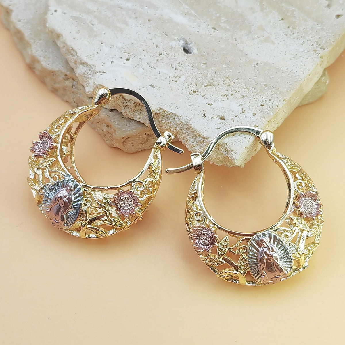 Delicate Filigree Hoop Earrings with Our Lady of Guadalupe & Enameled Rose Motifs: A Reminder of Divine Mercy