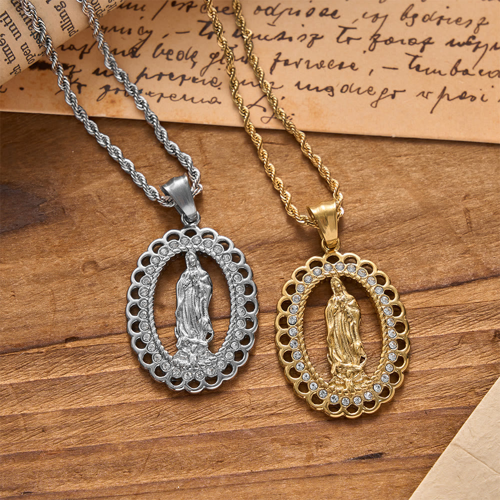 Openwork Oval Our Lady Necklace with Zircon Halo & Braided Chain: A Reminder of Divine Mercy and Heavenly Protection
