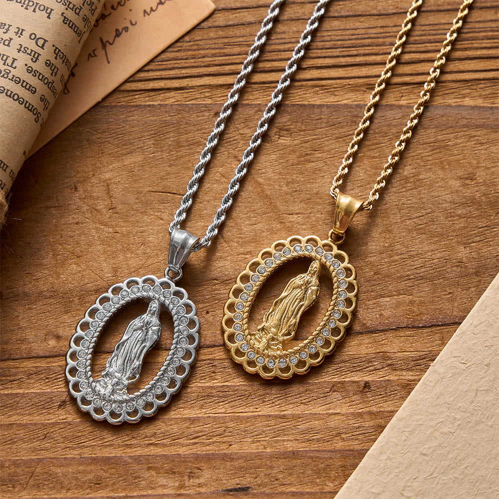 Openwork Oval Our Lady Necklace with Zircon Halo & Braided Chain: A Reminder of Divine Mercy and Heavenly Protection