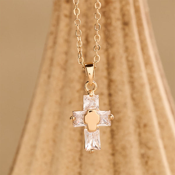 Zircon-Encrusted Cross Pendant Necklace with Polished Center Inlay: A Symbol of Radiant Sacred Grace & Steadfast Faith